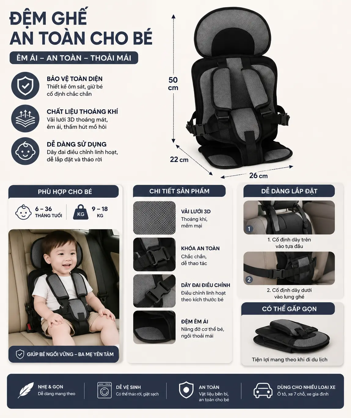 Đệm Ghế An Toàn Cho Bé Đi Ô Tô – Gọn Nhẹ Có Dây Đai Cố Định