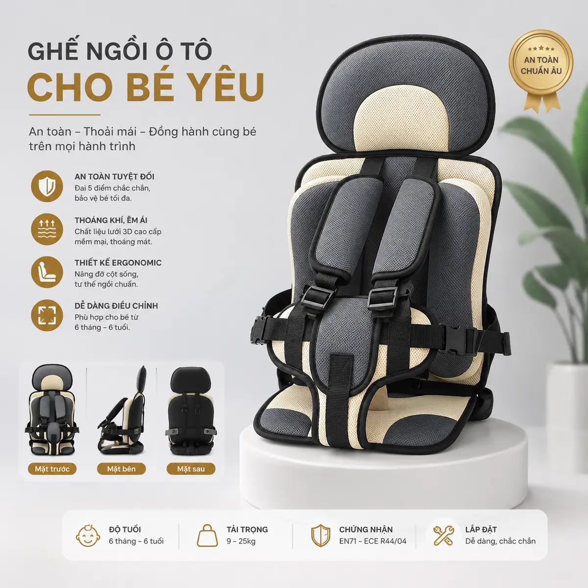 Đệm Ghế An Toàn Cho Bé Đi Ô Tô – Gọn Nhẹ Có Dây Đai Cố Định