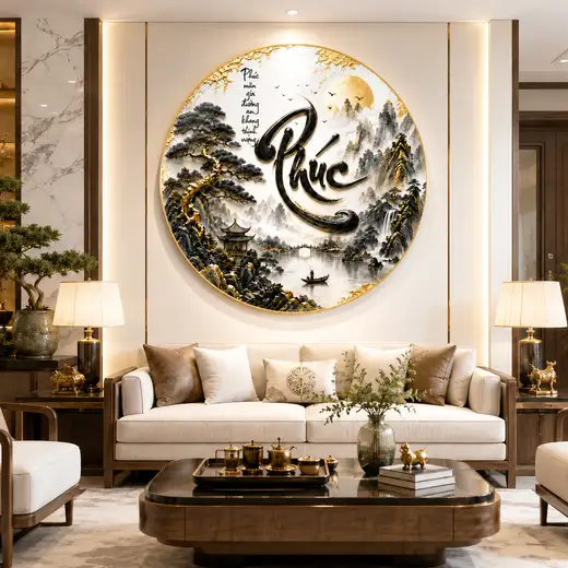 Tranh Tráng Gương Chữ Phúc Lộc Thọ Sơn Thủy 5D Cao Cấp