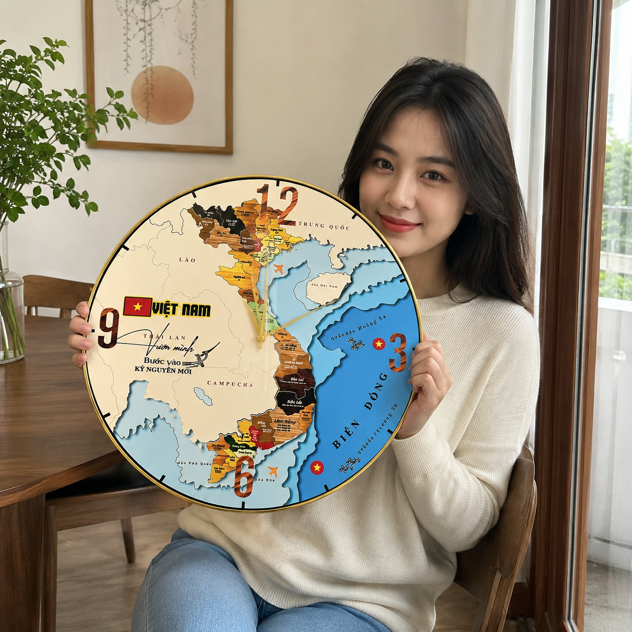 Đồng hồ bản đồ 34 tỉnh thành Việt Nam in UV nổi 3D