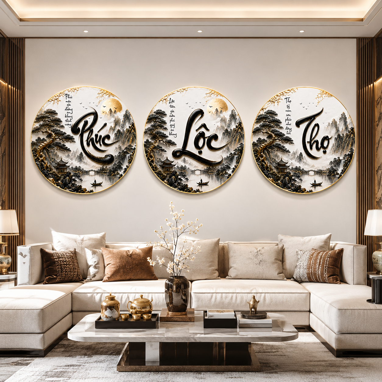 Tranh Tráng Gương Chữ Phúc Lộc Thọ Sơn Thủy 5D Cao Cấp