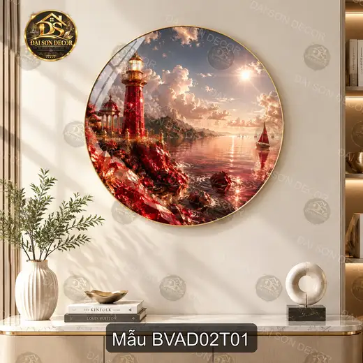 Tranh tráng gương tròn biển và đại dương decor phòng khách phòng làm việc