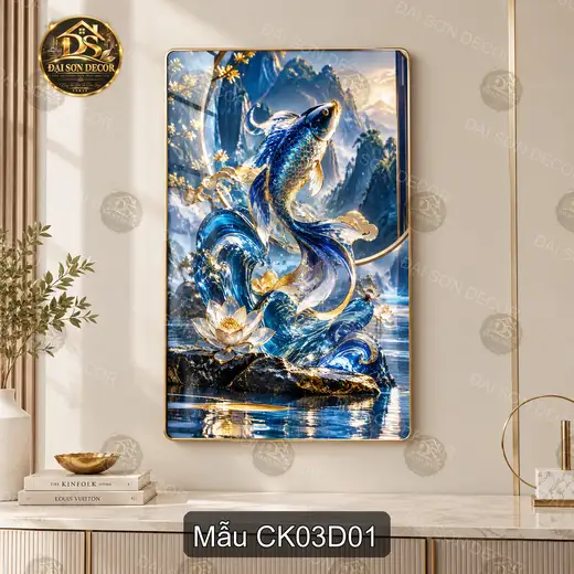 Tranh cá Koi 003 tráng gương dọc decor phòng khách phòng làm việc phong cách sang trọng