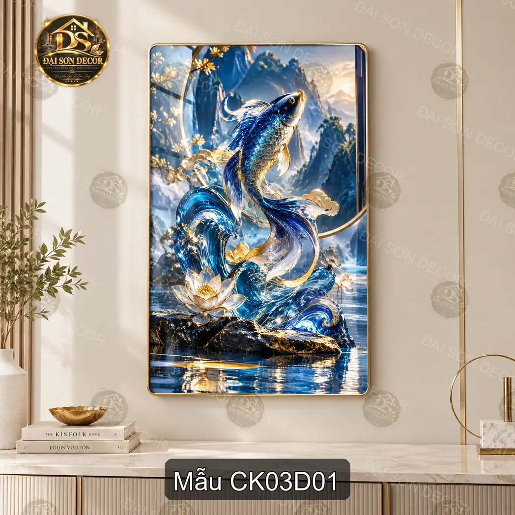 Tranh cá Koi 003 tráng gương dọc decor phòng khách phòng làm việc phong cách sang trọng