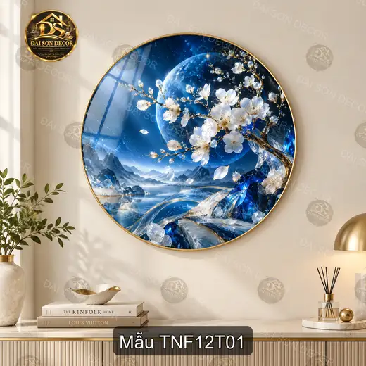Tranh tròn tráng gương Thiên nhiên fantasy 012 hoa trắng trăng xanh decor phòng khách