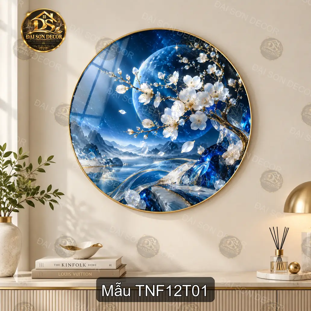 Tranh tròn tráng gương Thiên nhiên fantasy 012 hoa trắng trăng xanh decor phòng khách