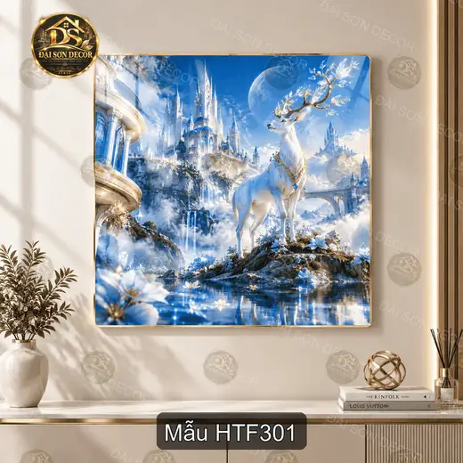 Tranh tráng gương Hươu thần fantasy 3 phong cảnh lâu đài xanh decor phòng khách quà tặng