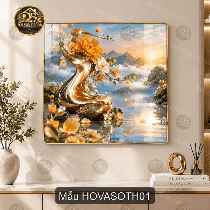 Tranh tráng gương hoa và sơn thủy decor phòng khách vuông HOVASOTH01