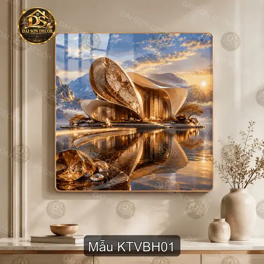 Tranh trang trí tráng gương kiến trúc vàng bên hồ vuông decor phòng khách hiện đại