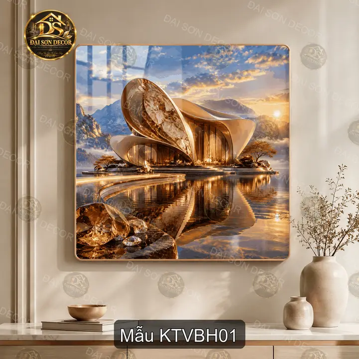 Tranh trang trí tráng gương kiến trúc vàng bên hồ vuông decor phòng khách hiện đại