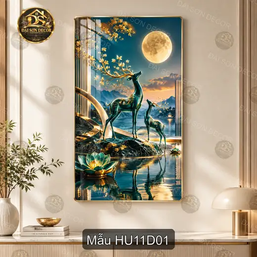 Tranh tráng gương Hươu 011 dọc cảnh hồ sen trăng vàng nghệ thuật decor phòng khách