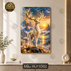Tranh tráng gương Hươu 011 dọc cảnh hồ sen trăng vàng nghệ thuật decor phòng khách