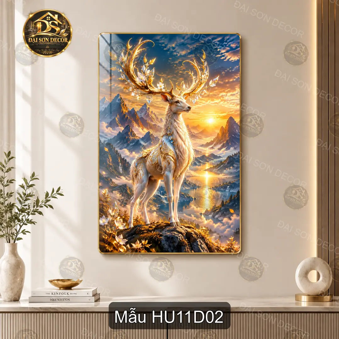 Tranh tráng gương Hươu 011 dọc cảnh hồ sen trăng vàng nghệ thuật decor phòng khách
