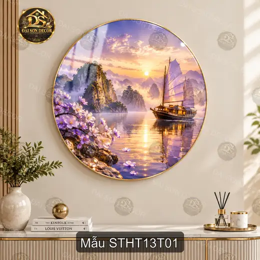 Tranh tráng gương tròn Sơn thủy hữu tình thuyền buồm hoàng hôn hoa tím decor phòng khách