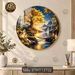 Tranh tráng gương tròn Sơn thủy hữu tình thuyền buồm hoàng hôn hoa tím decor phòng khách