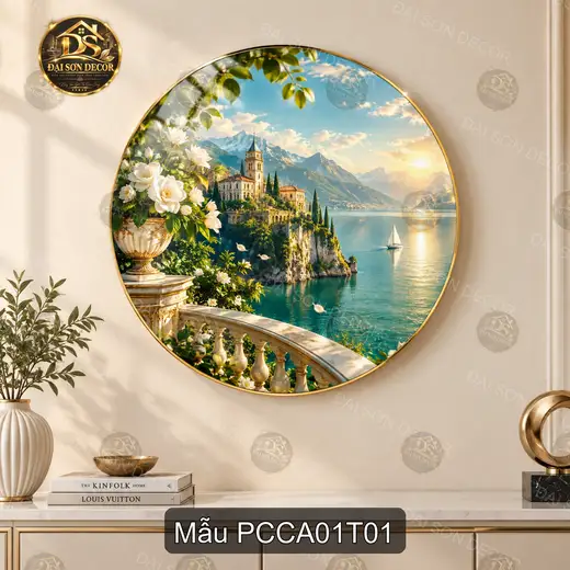 Tranh tròn tráng gương phong cảnh châu Âu 001 lâu đài ven hồ núi decor phòng khách