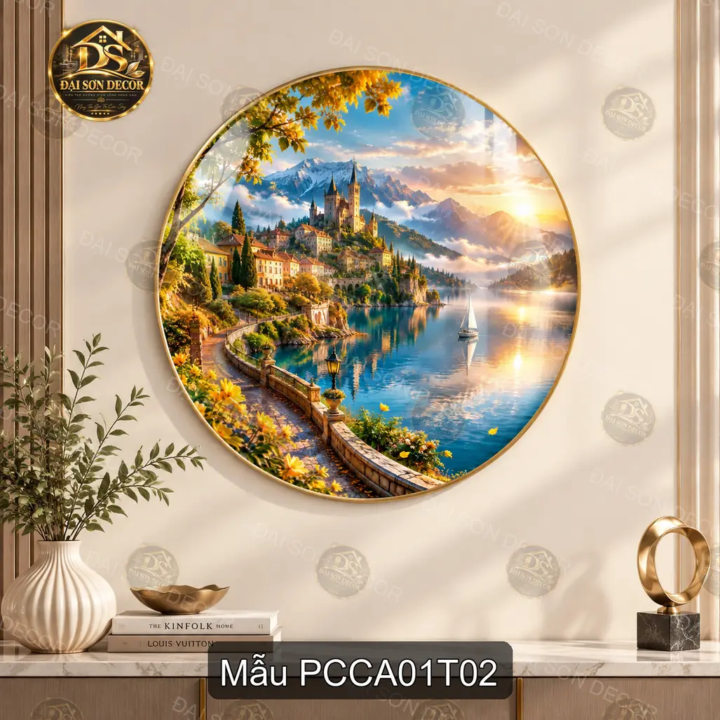 Tranh tròn tráng gương phong cảnh châu Âu 001 lâu đài ven hồ núi decor phòng khách