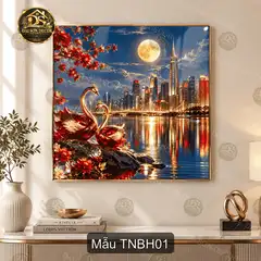 Tranh tráng gương vuông Thiên nga bên hồ phong cảnh thành phố decor phòng khách