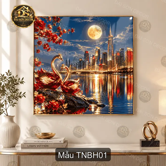 Tranh tráng gương vuông Thiên nga bên hồ phong cảnh thành phố decor phòng khách