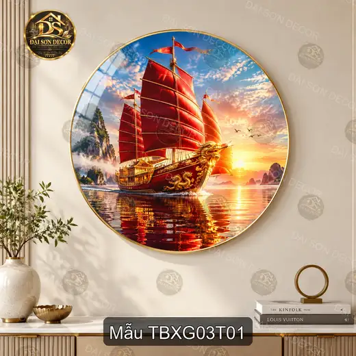 Tranh tròn tráng gương Thuận buồm xuôi gió 003 thuyền buồm bình minh decor quà tặng