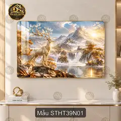 Tranh tráng gương sơn thủy hữu tình 039 hươu núi non thác nước decor phòng khách