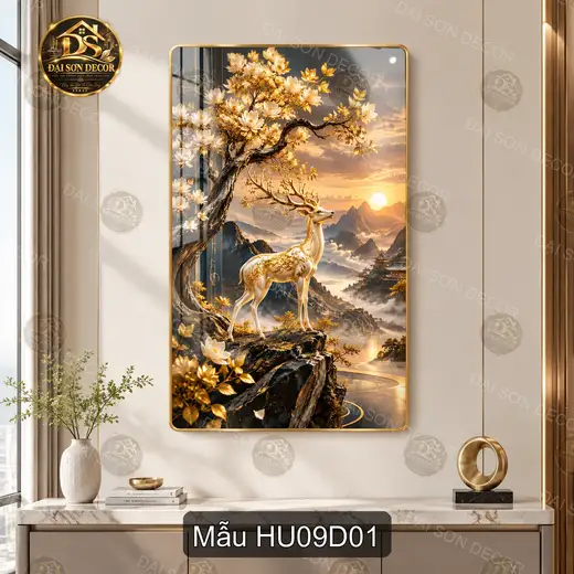 Tranh tráng gương Hươu 009 hoa trắng núi non sang trọng dễ phối nội thất phòng khách