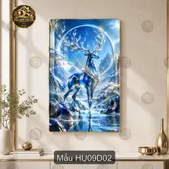 Tranh tráng gương Hươu 009 hoa trắng núi non sang trọng dễ phối nội thất phòng khách