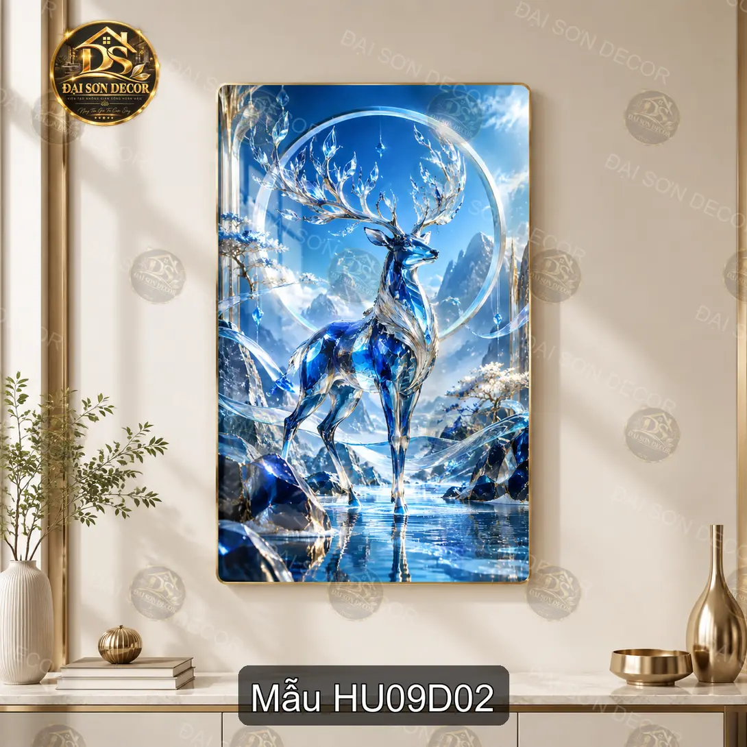 Tranh tráng gương Hươu 009 hoa trắng núi non sang trọng dễ phối nội thất phòng khách