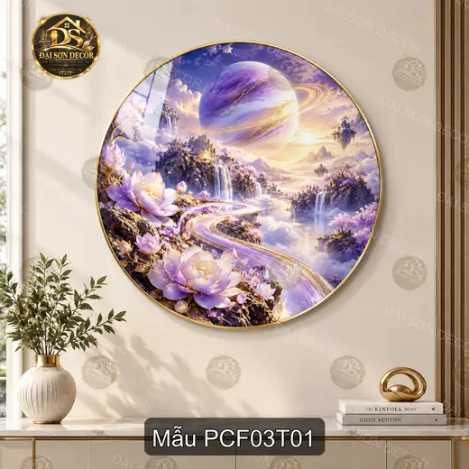 Tranh tròn tráng gương phong cảnh fantasy 003 hoa sen tím hành tinh decor phòng khách
