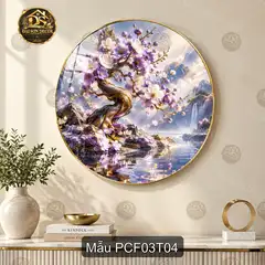 Tranh tròn tráng gương phong cảnh fantasy 003 hoa sen tím hành tinh decor phòng khách