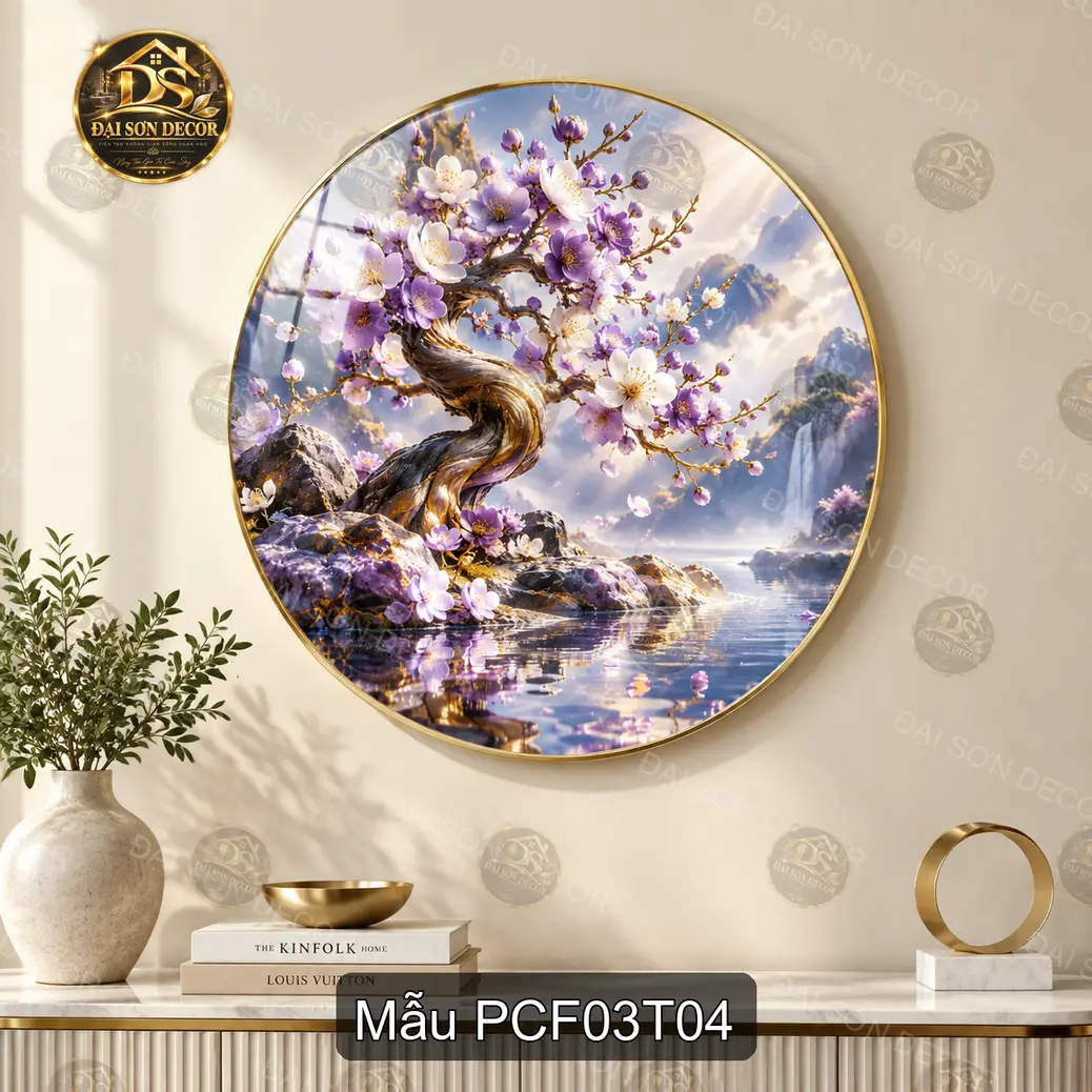 Tranh tròn tráng gương phong cảnh fantasy 003 hoa sen tím hành tinh decor phòng khách