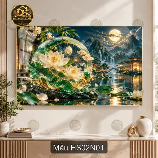 Tranh tráng gương Hoa sen 002 hồ sen trăng núi non decor phòng khách làm quà tặng