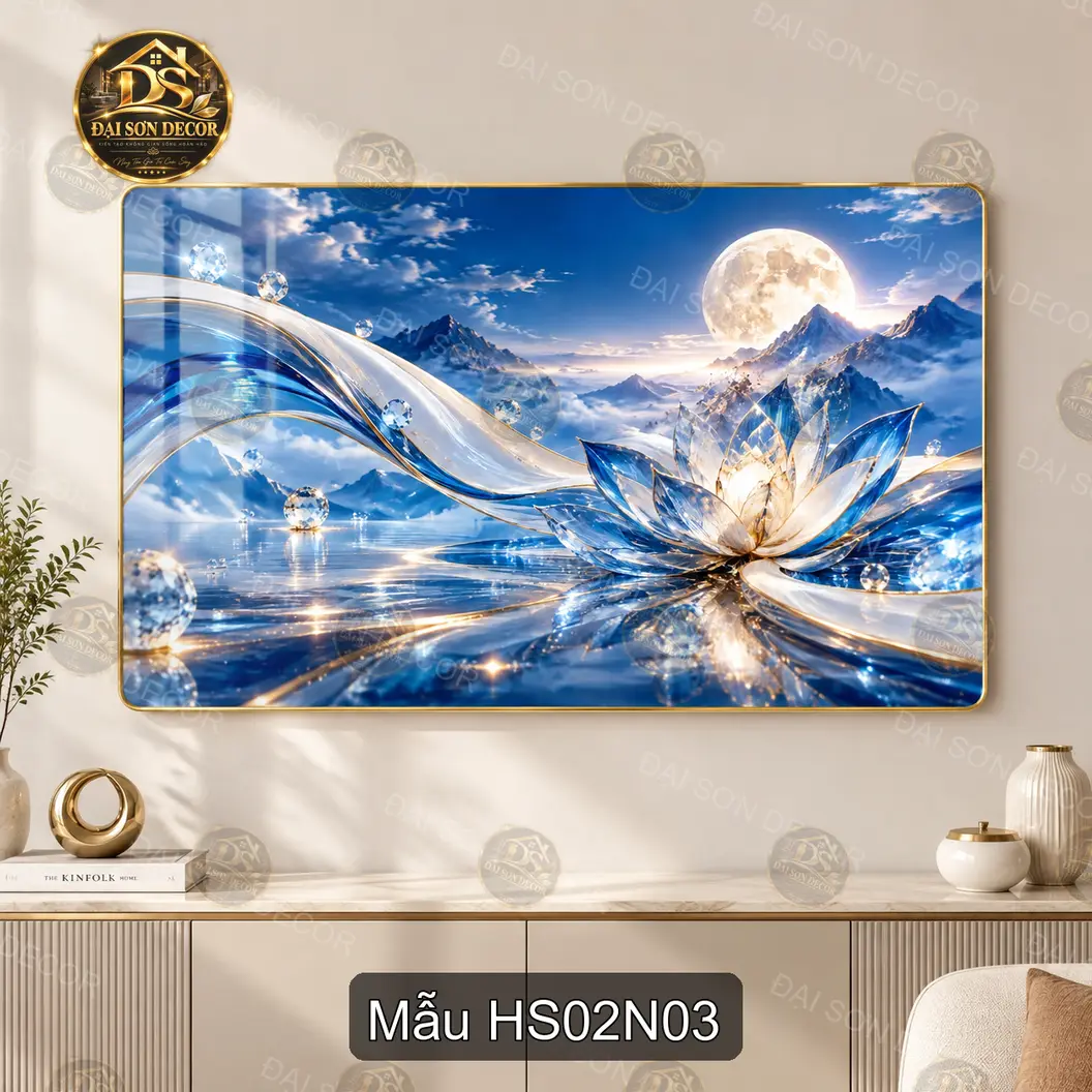 Tranh tráng gương Hoa sen 002 hồ sen trăng núi non decor phòng khách làm quà tặng