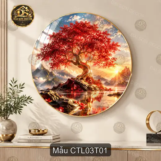 Tranh tròn tráng gương Cây tài lộc 003 treo tường phòng khách phong cách sang trọng