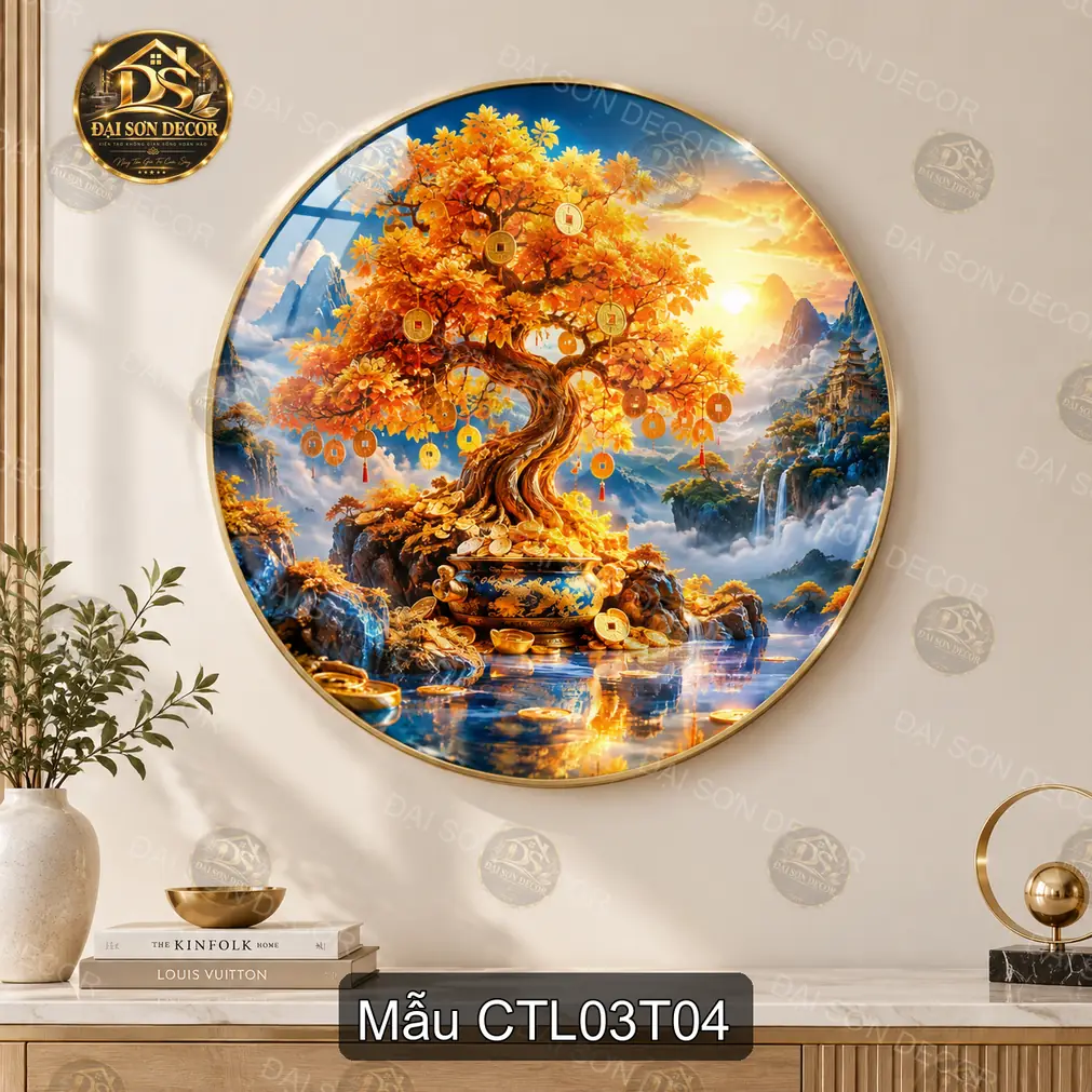 Tranh tròn tráng gương Cây tài lộc 003 treo tường phòng khách phong cách sang trọng