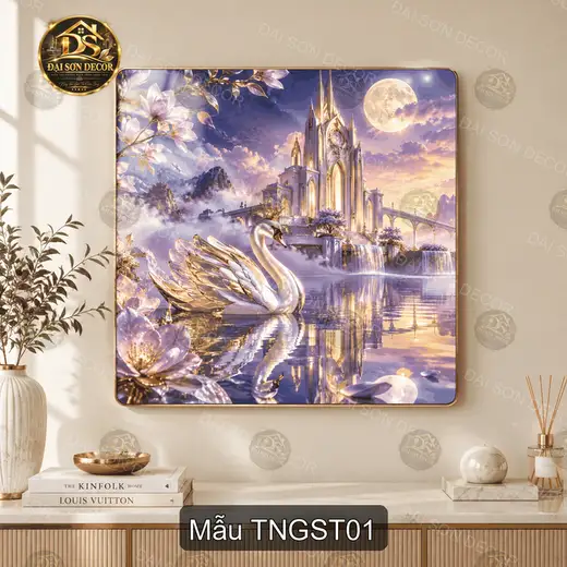 Tranh tráng gương vuông Thiên nga giữa sơn thủy decor phòng khách sang trọng