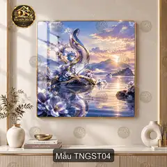 Tranh tráng gương vuông Thiên nga giữa sơn thủy decor phòng khách sang trọng