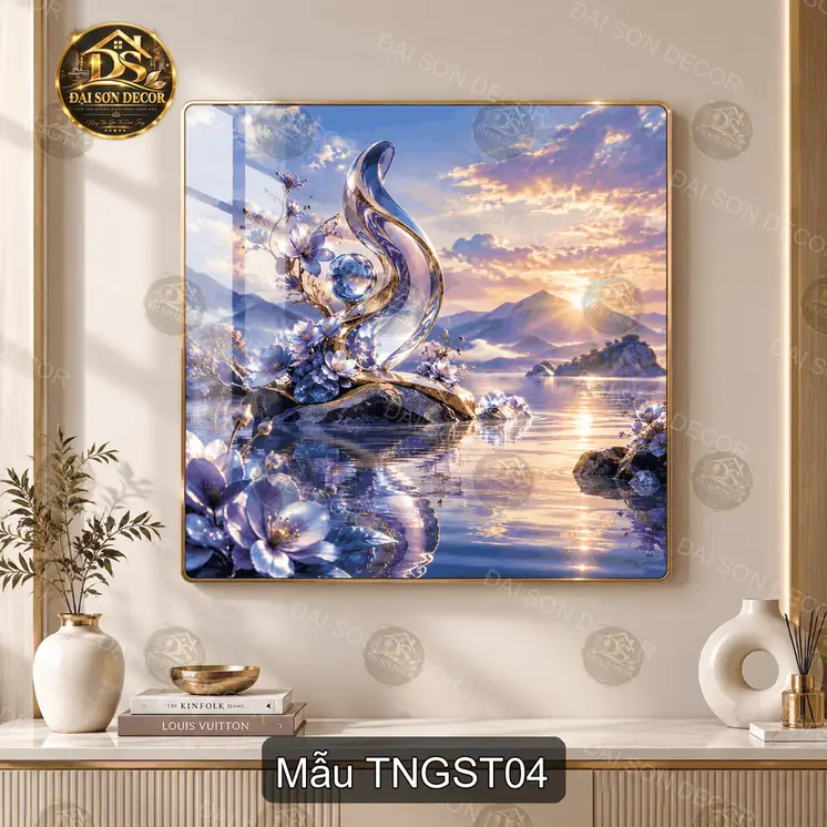 Tranh tráng gương vuông Thiên nga giữa sơn thủy decor phòng khách sang trọng