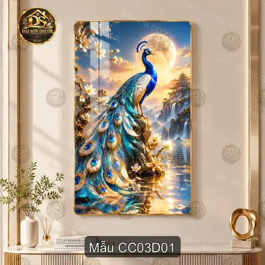 Tranh tráng gương chim công 003 phong cảnh nghệ thuật trang trí phòng khách sang trọng