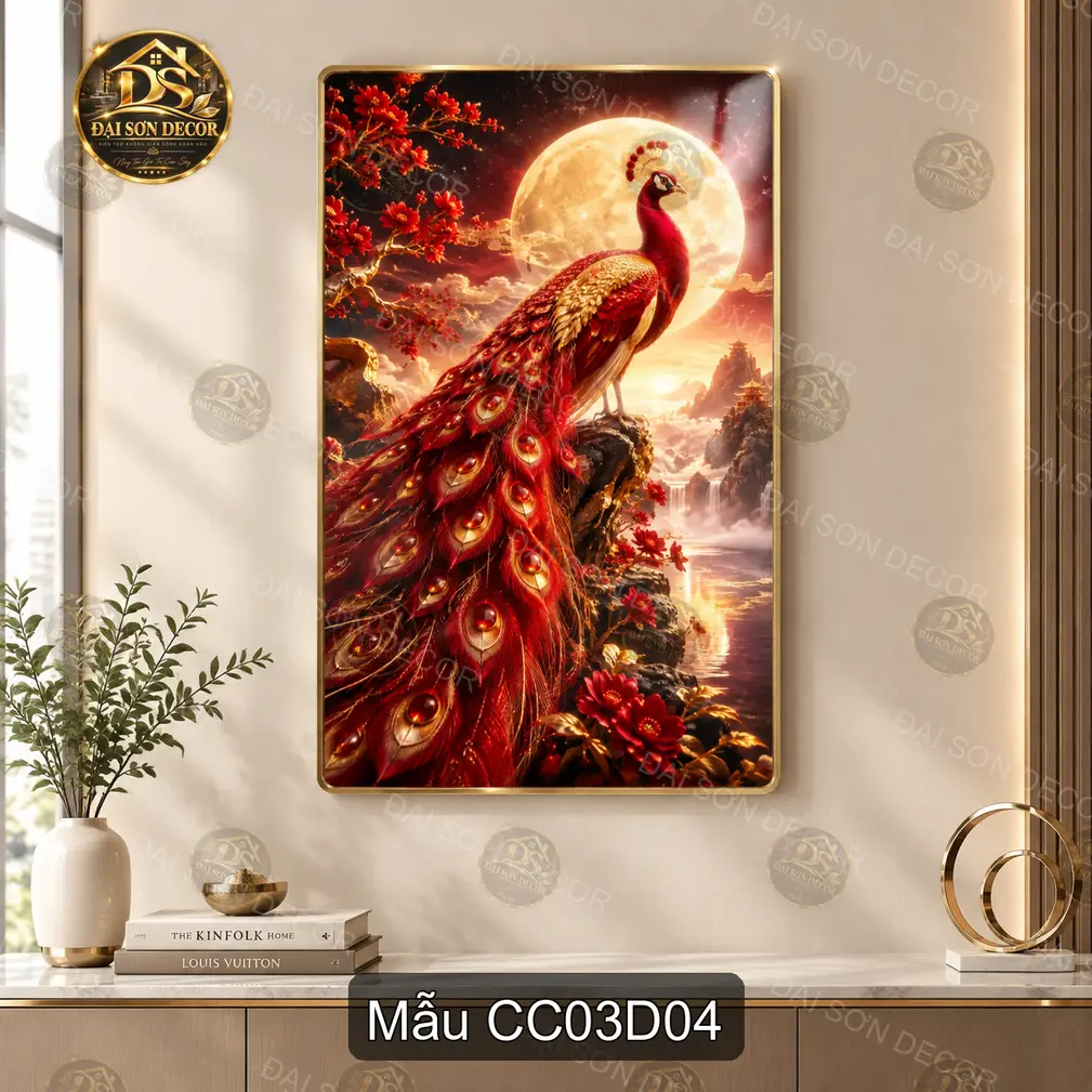 Tranh tráng gương chim công 003 phong cảnh nghệ thuật trang trí phòng khách sang trọng