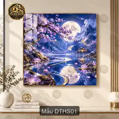 Tranh tráng gương Đêm trăng hoa sen phong cảnh thư pháp trang trí phòng khách