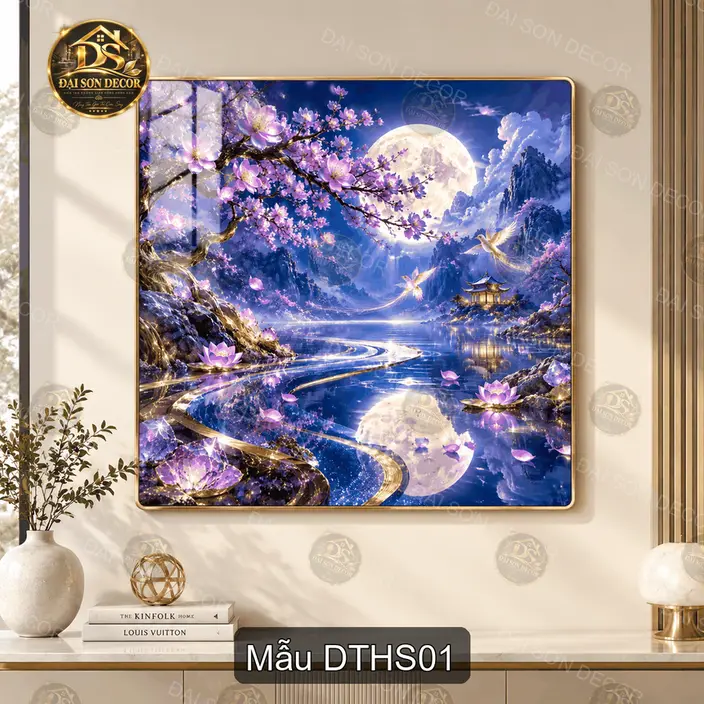 Tranh tráng gương Đêm trăng hoa sen phong cảnh thư pháp trang trí phòng khách