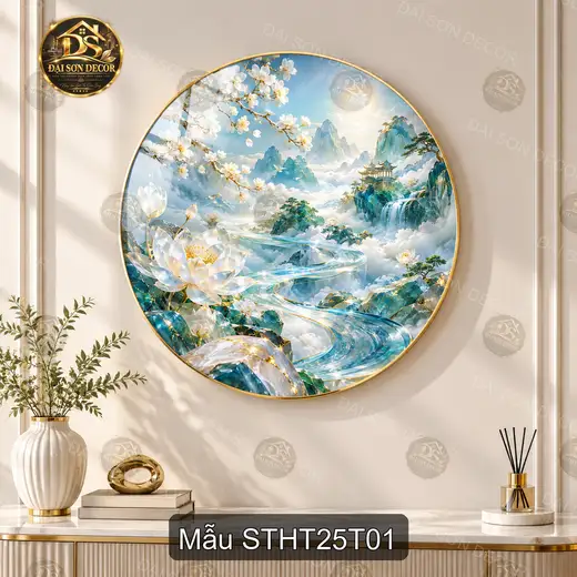 Tranh tròn tráng gương sơn thủy hữu tình hoa sen suối núi decor phòng khách sang trọng