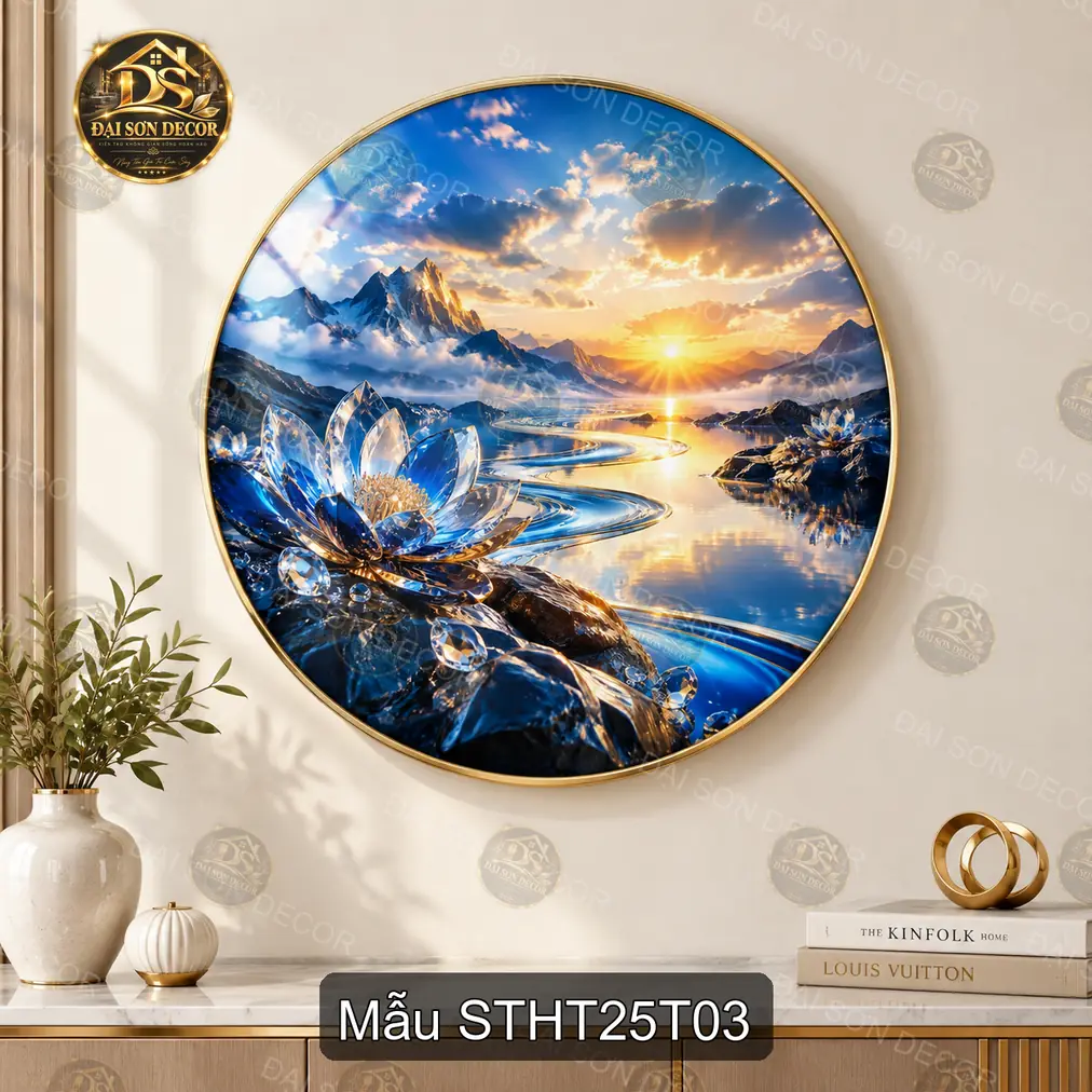 Tranh tròn tráng gương sơn thủy hữu tình hoa sen suối núi decor phòng khách sang trọng