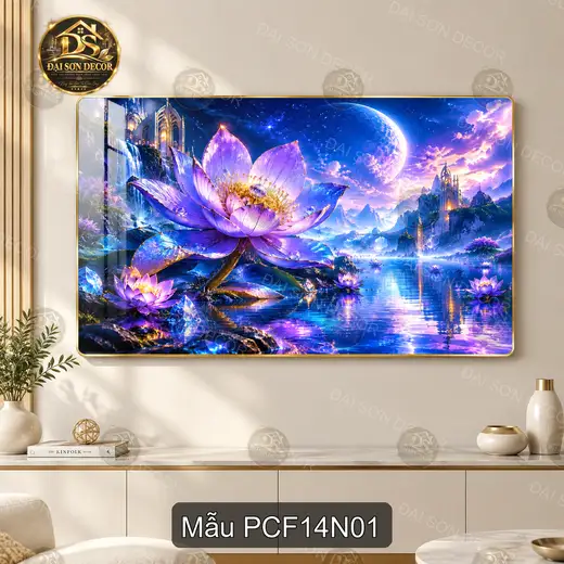 Tranh tráng gương phong cảnh fantasy 014 hoa sen hồ nguyệt trang trí phòng khách sang trọng