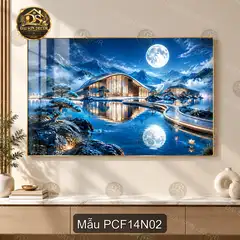 Tranh tráng gương phong cảnh fantasy 014 hoa sen hồ nguyệt trang trí phòng khách sang trọng
