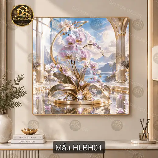 Tranh tráng gương vuông hoa lan bên hồ trang trí phòng khách phong cách sang trọng