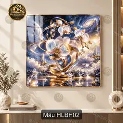 Tranh tráng gương vuông hoa lan bên hồ trang trí phòng khách phong cách sang trọng