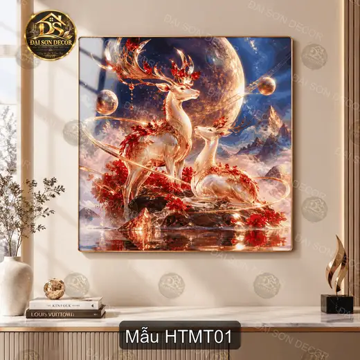 Tranh treo tường tráng gương Hươu thần mặt trăng decor phòng khách quà tặng