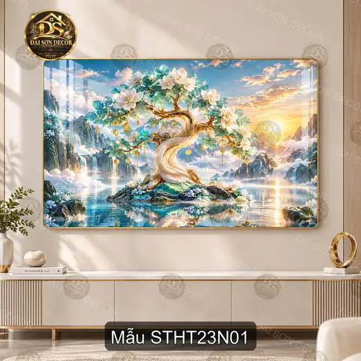 Tranh tráng gương sơn thủy hữu tình cây hoa bên hồ decor phòng khách sang trọng